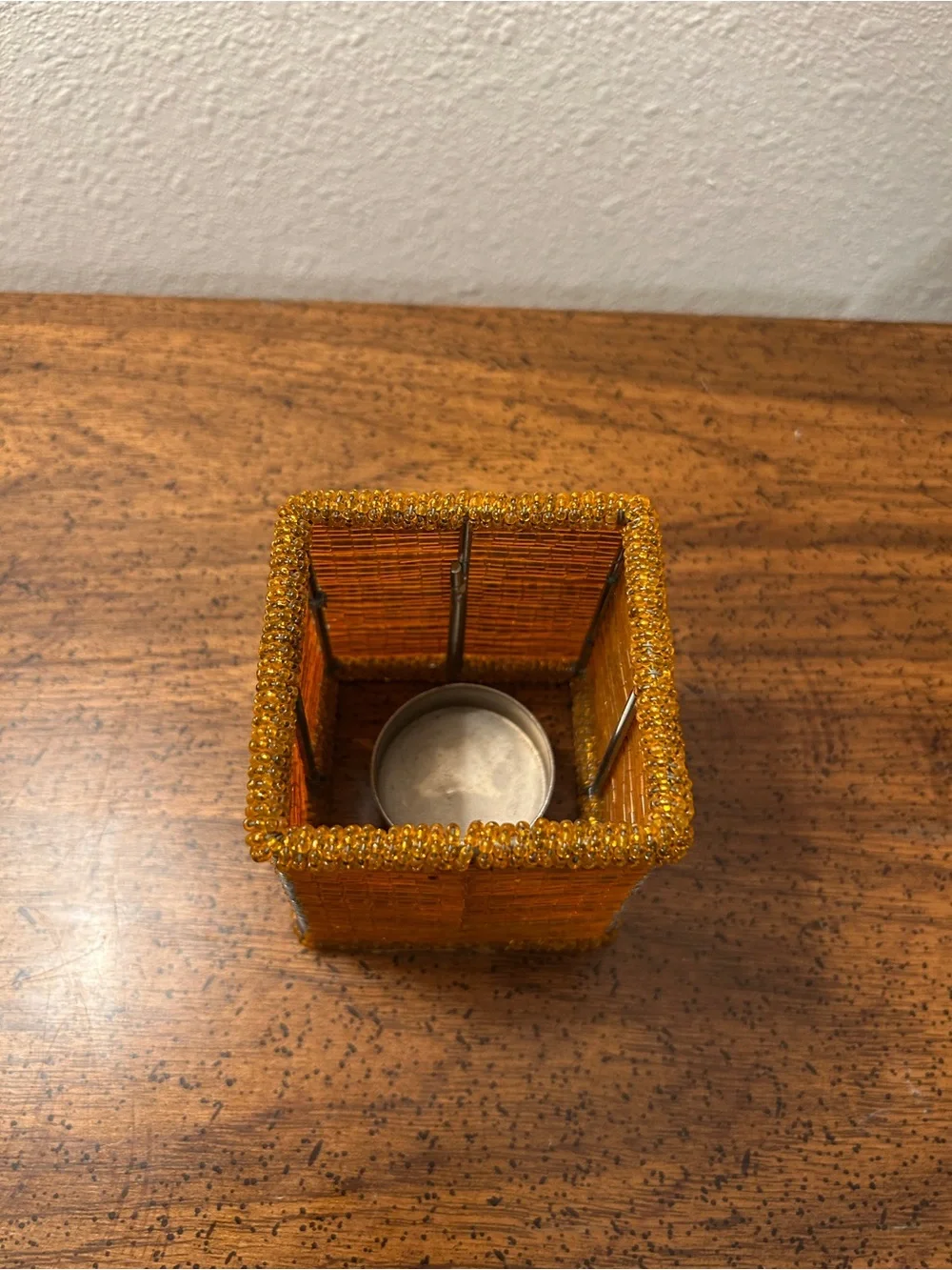 Vintage Handcrafted Amber Beaded Tea Light Holder - Home Accents